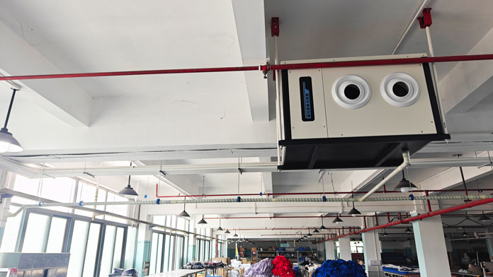 制衣廠整體制冷降溫，應(yīng)用蒸發(fā)冷省電空調(diào)-臥式射流機(jī)組